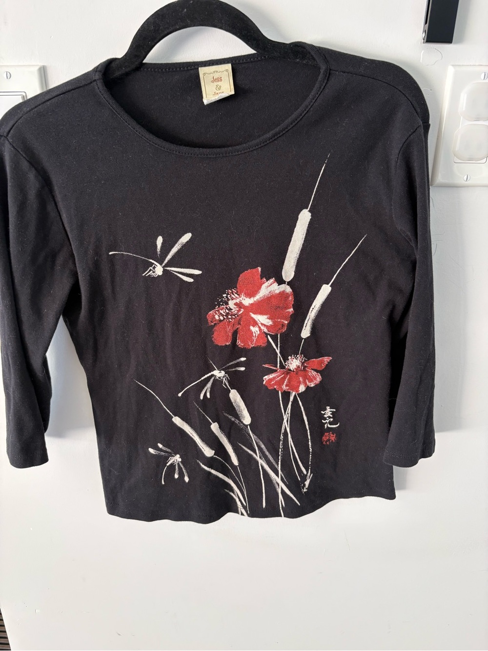 Vintage Y2K Jess & Jane Black Long Sleeve Top Floral Graphic Japanese Cotton